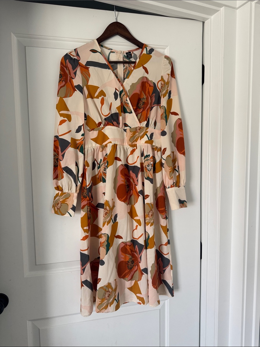 SHEIN Cream Floral Wrap Midi Dress with Rust & Mustard Blooms